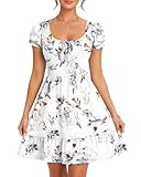 AUSELILY Damen Sommerkleid Kurzarm Puff Ärmel Kleid Bedruckter Hoher Taille Strandkleid Freizeit Minikleid mit Taschen Blumenweiß XL
