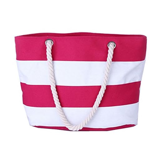 DNFC Dam strandväska kanvas resväska med dragkedja stor randig axelväska semester strand tygväska shoppingväska handväska för damer och flickor, Röd - Röd och vit - Large