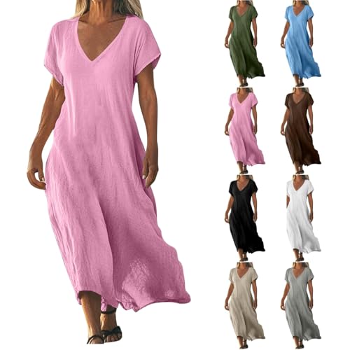 Leinen-Freizeitkleider für Damen,lockeres Leinenkleid mit V-Ausschnitt, Einfarbiges Damen-Maxikleid aus Baumwollleinen in Übergröße mit kurzen...