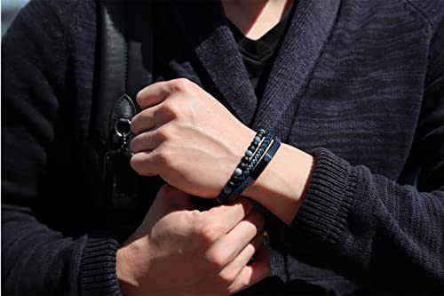 Kc Premium Men’s Beads Leather Bracelet Passion Lava Rock Stone Inspirational Engraved Adjustable Magnetic Clasp Stainless Steel Handmade Natural Cuff Bangle Braided Multi-Layer Wristband Blue Black #TOP1