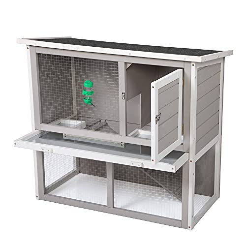 New Wooden Rabbit Hutch Bunny Cage, Outdoor Rabbit Hutch with Water Bottle Safe, Weatherproof Roof, Ramp and Tray, 2-Tier Chicken Coop for Rabbit, Guinea Pigs, Hedgehog, Gray & White