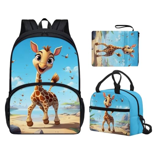 Giraffe School Bag for Girls 8-10 Toddler Girl Backpack and Lunch Box Set and Book Sleeve Casual Schoolbag Backpacks Set of 3 School Supplies for Teen Girls