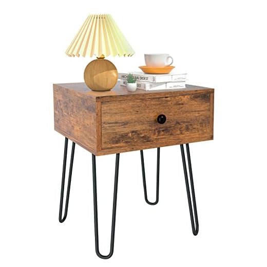 Funshot Mid Century Modern End Table with Storage Drawer and Metal Hairpin Legs Nightstand for Living Room or Bedroom, Brown