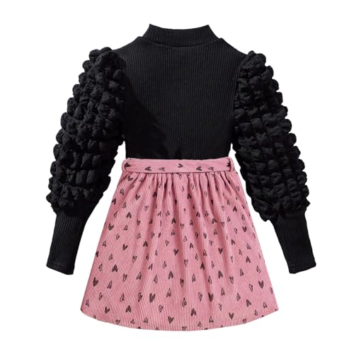Girls' Dress: Black Rib Knit Top with Puff Ruched Sleeves and Pink Heart Print Skirt 2 piece outfit 2-8 Years2