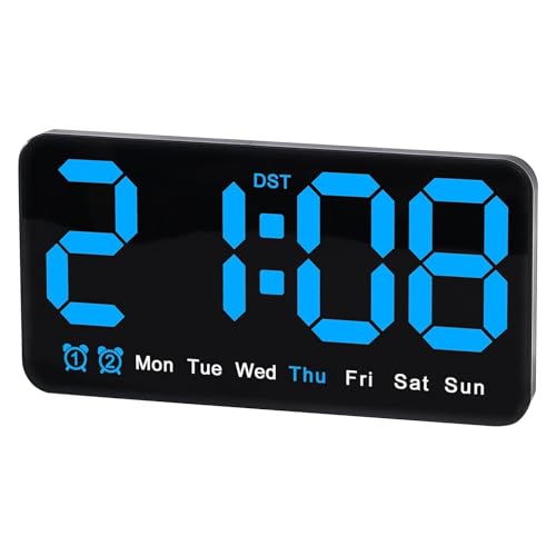 WORLUDE Digital Wall Clock - 8.5 Inch Large Display LED Alarm Clock with Snooze Date Week Temperature Double Alarm 3 Brightness Adjustable for Bedroom Office Childrens room(Blue)