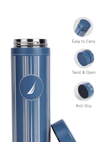 Image of NAUTICA Premium Leak-Proof Insulated Water Bottle - 1pc (Stern)| 500ml | Stainless Steel Flask with 24 Hours Temperature Retention | Ideal for Travel, Gym, Office Use Titanium Printed-Blue /White