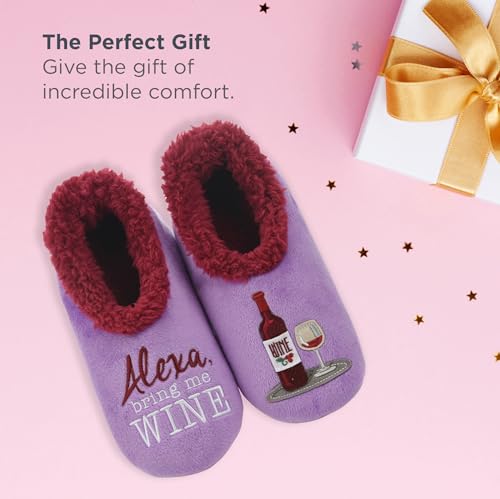 Snoozies Pairables Sherpa-lined Slipper Socks - Fuzzy and Cute Slippers for Women with Non-Slip Sole - Ladies Warm Slippers - Alexa Bring Me Wine - Medium - Thumbnail 3