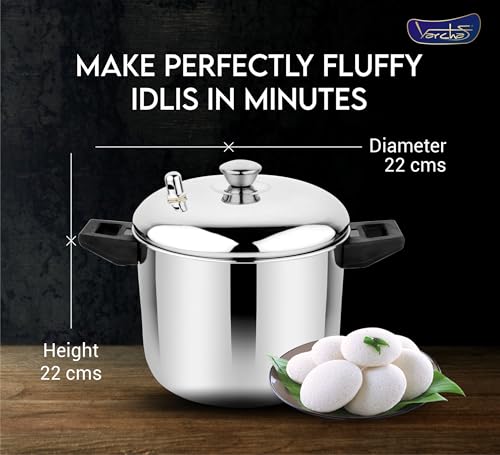 Image of VARCHAS Stainless Steel Idli Cooker with 6 Plates and Lid | 24 Idlis | Idly Maker | Silver | Gas and Induction | Holder /Lifter