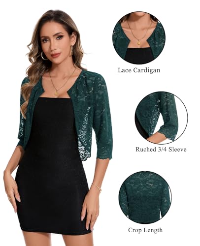 Image of MINTLIMIT Women's Elegant Floral Lace Shrug Bolero Summer Lightweight 3 /4 Sleeve Hook Open Front Cropped Cardigan for Dresses