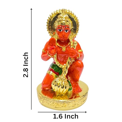 Image of Gold Art India Hanumanji Sitting with Gada Gold Plated Hanuman Statue for Car Dashboard, Hanuman ji murti for Home Decor, Office Shelves, and Gifts Orange /Kesari (2.8 x 1.6)