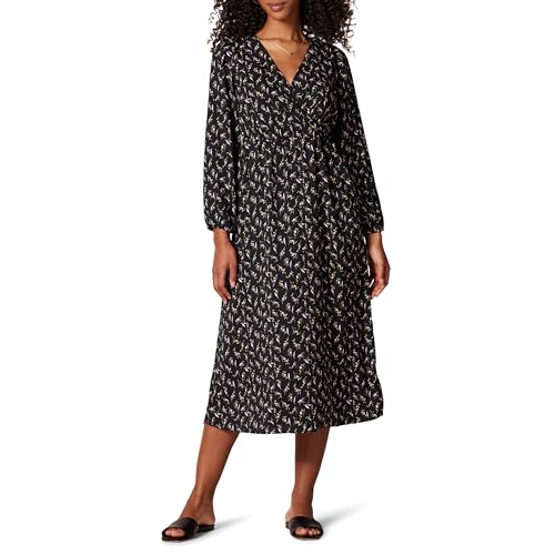 Amazon Essentials Women's Lightweight Georgette Long Sleeve V-Neck Midi Dress (Available in Plus Size), Black Bouquet Floral, Medium