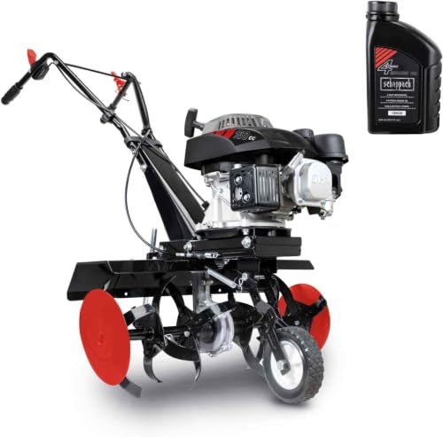 Scheppach Benzin Motorhacke MTP560 Bodenfräse inkl. Öl | 4 Takt Benzin Motor mit 3 7 PS Leistung | Arbeitsbreite 360-560mm | Arbeitstiefe 260mm | HackmesserØ 260mm | 24 Messer aus Stahlblech