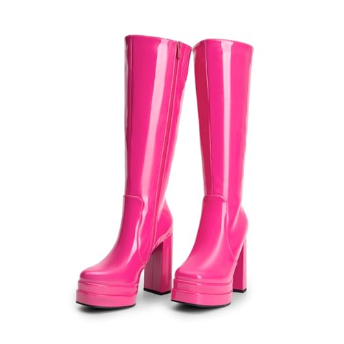 DREAM PAIRS DREAM PAIRS Women's Platform Heeled Knee High Boots, Long Chunky Tall Gogo Boots for Fall,Size 8.5,Hot Pink-Pat,SDKB2306W