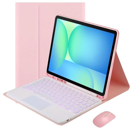 HEKUEUN Funda con Teclado para Samsung Galaxy Tab S10 FE+ Plus 13,1' 2025 (SM-X620/X626), Español Ñ Teclado Táctil Bluetooth Extraíble Retroiluminación 7 Colores Soporte para Lápiz Y Ratón,Rosado