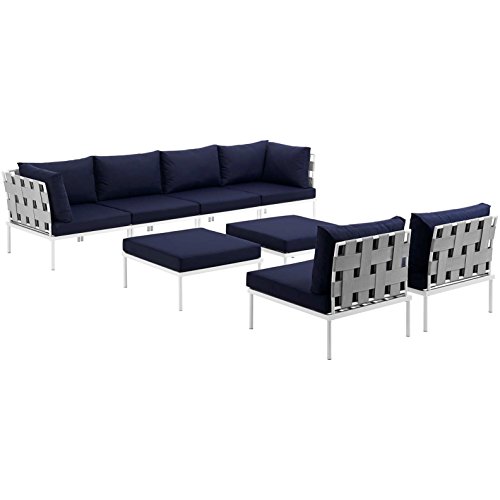 Modern Contemporary Urban Design Outdoor Patio Eight PCS Sectional Sofa Set, Navy Blue White, Rattan
