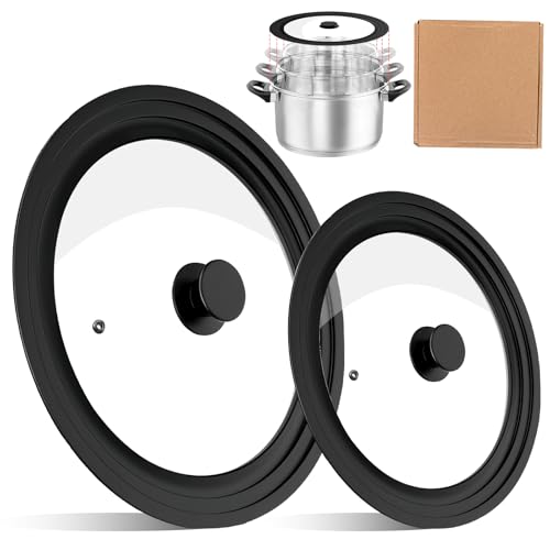 LEKEFETO 2 tapas universales para sartenes de 16/18/20 cm de diámetro y 24/26/28 cm para ollas, tapas de cristal para sartenes con borde de silicona resistente al calor, tapas de olla para cocinar
