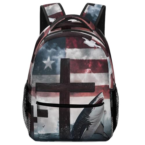 Shark Doves U.S.A. Flag Funny Backpack Casual Daypack Lightweight Shoulders Bag for Men Women Cute Print