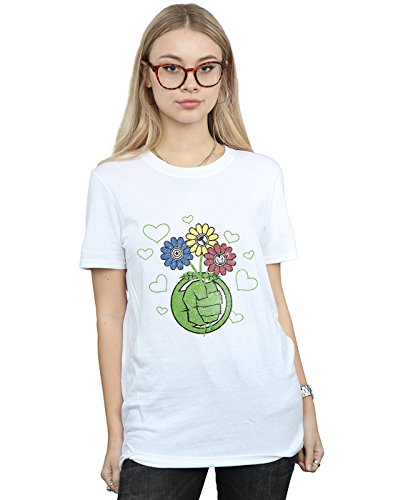 Marvel Women's Hulk Flower Fist Boyfriend Fit T-Shirt Small White