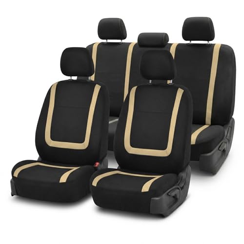 Image of FH Group Car Seat Covers Full Set Cloth - Universal Fit Automotive, Low Back Front, Solid Back, Washable Car Seat Cover for SUV, Sedan and Van Beige