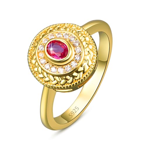 18K Gold Plated Rings for Women, Art Deco Engagement Ring, Simulated Ruby Spinel Dome Wedding Band Promise Ring for Her