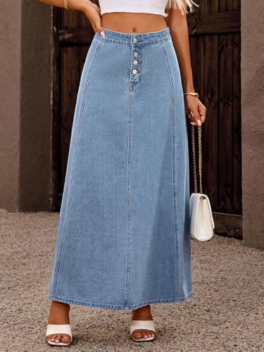 ebossy Women's Classic A-line Maxi Denim Skirts Casual High Waisted Button Fly Flared Long Jean Skirts4