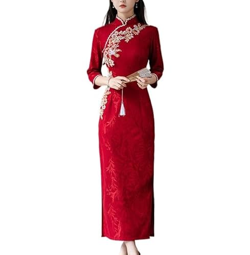 HEARTTOUCH Women Vintage Cheongsam Dress Chinese Traditional Sequins Qipao Slim