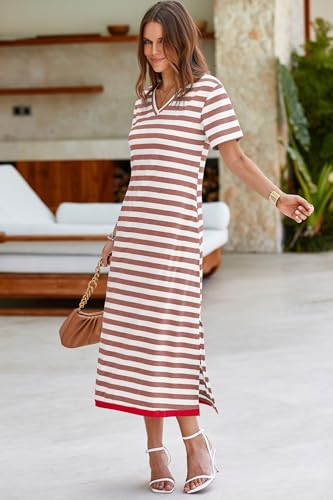 Image of Dokotoo Womens 2026 Short Sleeve Maxi Dress Striped Split T Shirt Dress | V Neck,Casual Trendy,Vacation Cruise Outfits,Resort Wear,Long Dresses,Summer Spring