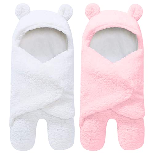 Image of 2 Pack Ultra Warm Sherpa Plush Baby Sleeping Swaddle Wrap - Newborn Essentials Must Haves for 0-6 Months - Shower Registry Search Gifts for Boys Girls - Baby Stuff Accessories (Pink and White)