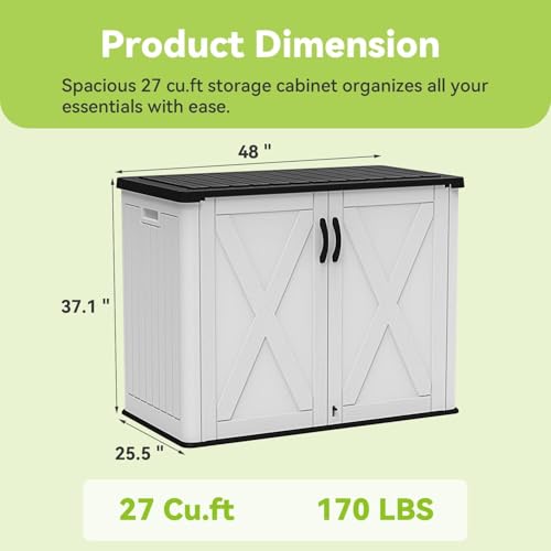 Image of Devoko 26 Cu Ft Resin Outdoor Storage Cabinet, White | Horizontal Plastic Storage Shed with Lockable Door, Water-Resistant Backyard Storage Box for Garden Patio, Shelf Not Included
