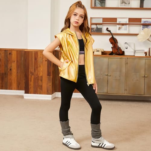 Image of Jxstar Girls Metallic Hoodie Vest Kids Shiny Zip Up Outfit Sleeveless Disco Shirt with Pocket