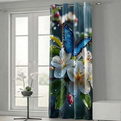 Image of Home Sizzler 7D Blue Butterfly & White Flowers Eyelet Polyester Room Darkening Door Curtains - 7 Feet (Pack of 1)