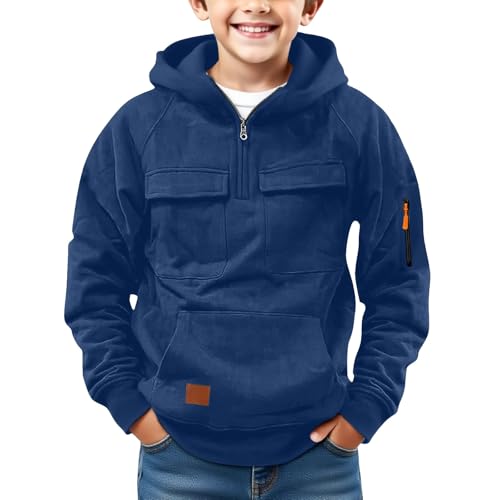 APRDFEU Boys Hoodies plus size fall fashion Quarter Zip Pullover Long Sleeve Oversized Sweatshirts with Pockets Fall Winter Warm Cargo Tops Blue