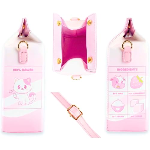 BelugaDesign Strawberry Milk Cat Purse | Pink Pastel Kawaii Anime Ears Paws Crossbody Bag Handbag | Cute Cartoon Faux Leather Carton Shape for Women with Removable Adjustable Strap2