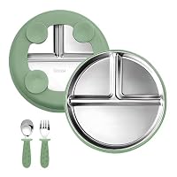 Set 2 Piatti Per Bambini In Acciaio Inox Con Ventosa – 22 Cm, Divisori 3 Scomparti, Con Forchetta E Cucchiaio, Silicone Anti-Scaduta, Senza BPA - 2