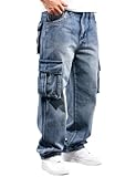 Nutriangee Men's Casual Baggy Cargo Workwear Jeans Loose Fit Straight Leg Hip Hop Denim Pants Blue 34