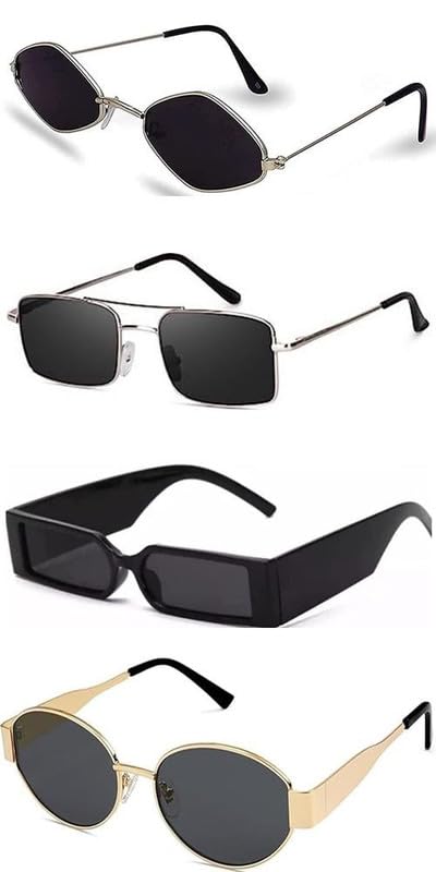 Fashion Sunglasses Set, 4 Styles, Sun Protection, Unisex Square and Round Frames, Black and Silver-image-3