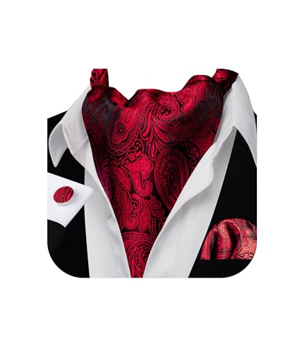Image of Barry.Wang Ascot Ties Cravat Tie Men Paisley Plaid Scarf Self Tie Pocket Square Cufflinks Set Wedding Party