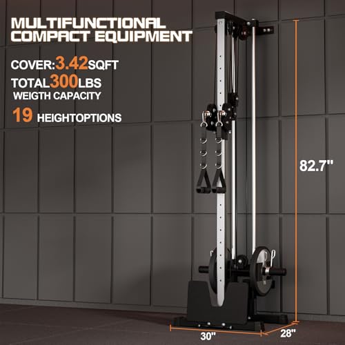Wall Mount Cable Machine, LAT Pulldown Machines with 19 Positions Dual Pulley System, Cable Crossover Machine with Adjustable Footplate, Weight Workout Equipment Home Gym Station