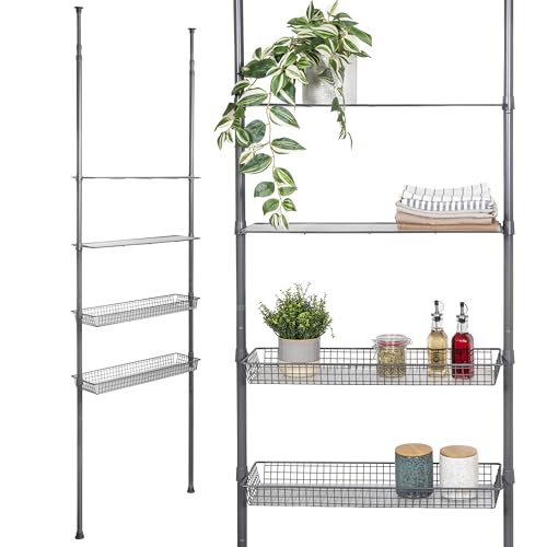 bremermann Teleskop-Regal mit 2 Körben 2 Ablagen Badregal Waschmaschinenregal Allzweckregal für viele Wohnbereiche geeignet Teleskop-Stange höhenverstellbar bis max. ca. 290 cm (Grau)