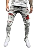  Osheoiso Jean Troué Homme Style Hip Hop Détruit Trou Pantalon en Denim Extensible Couleur Unie Jeans Trou Cassé Streetwear Jeans Moulants Trekking Cargo Mode A Gris XL
