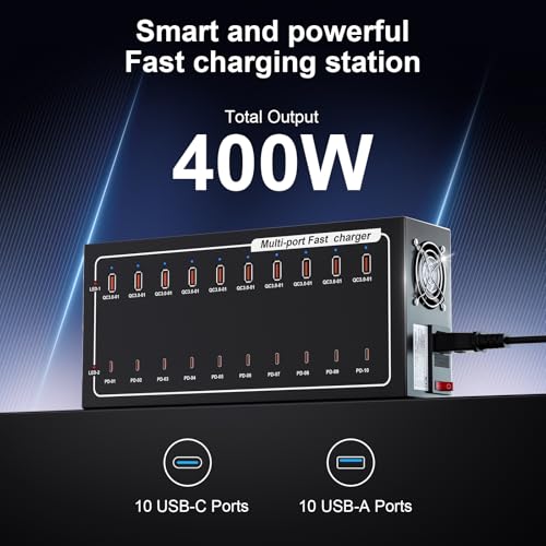 Image of 20-Port Fast Charging Station 400W, USB C and USB A Charger Dock with Smart Power Distribution Technology，for Multiple Devices, PD /QC Fast Charging Support