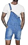 CHARTOU Men's Classic Fit Mid-Rise Suspender Straps Cuffed Hem Shorts Denim Overall (Medium, Light Blue)