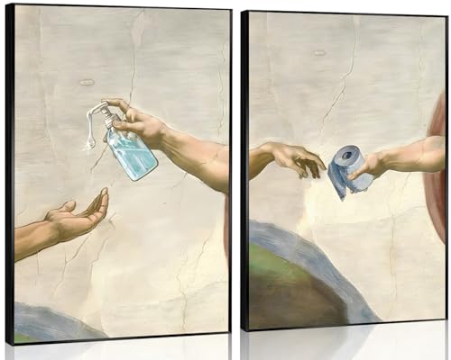 2 Pcs Bathroom Wall Art Retro Funny Hand Of God and Adam Canvas Wall Decor Humor Handwashing Fluid Toilet Paper Paintings Prints Posters for Washroom Bathroom Home Decoration(12 * 16in Unframed)