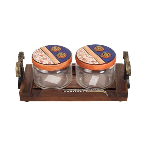 Image of AAKRITI ART CREATIONS Joyful Noshing S02 Wooden Tray with 2 Glass Jars | Dhokra Warli Fusion Art | Multi-Colored Matte Finish | Wood & Glass Kitchen Storage & Decor