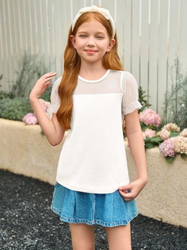 Image of Haloumoning Girls Shirts Sheer Puff Sleeve Tops Cute Swiss Dots Summer Blouse Tee 5-14 Years