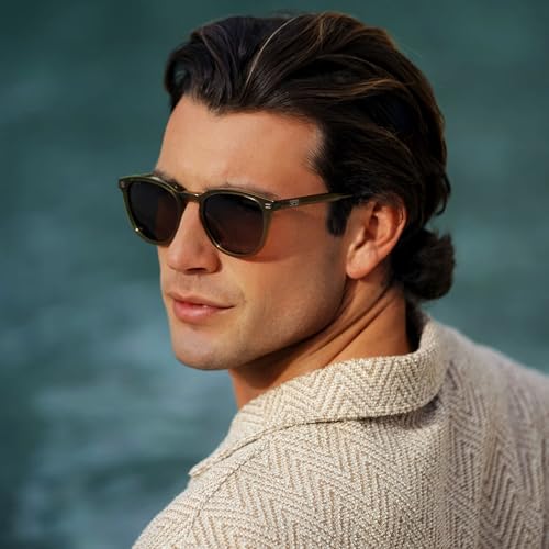 Image of WearMe Pro WMP Eyewear - Men's Classic Round Polarized Sunglasses, Premium Slim Acetate Frame with Dashed Rivet Details