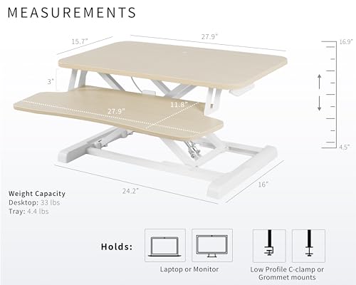 Image of VIVO 28 inch Desk Converter, K Series, Height Adjustable Sit to Stand Riser, Dual Monitor and Laptop Workstation with Keyboard Tray, Light Wood Top, White Frame, DESK-V028KF