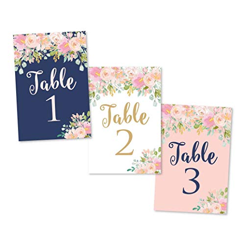 Hadley Designs 1-25 Navy Blush Floral Table Number Double Sided Signs for Reception, Restaurant, Birthday Event, Calligraphy Printed Numbered Card Centerpiece Decor Setting Reusable Frame Stand (4x6)