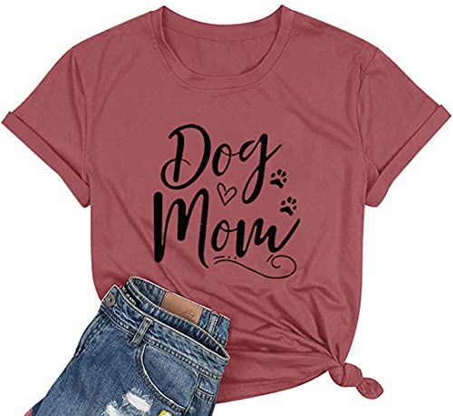 Dog Mom Shirts Women Funny Dog Paw Graphic Tee Casual Short Sleeve Mom Shirt Dog Lover Gift Tops Pink