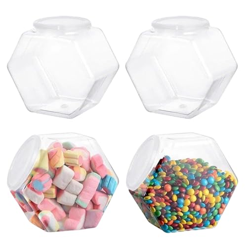 Frasco de Dulces de Plástico Transparente con Tapas - 4 Piezas de 850 ml, Jarra Hexagonal para Caramelo, Galletas y Gamellones - Reutilizable